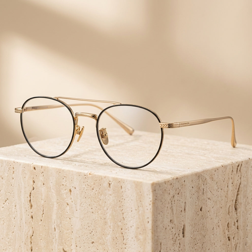 Chashma Ottica Unisex Full Rim Round Double Bridge Titanium Eyeglasses 30205 - Black-Gold