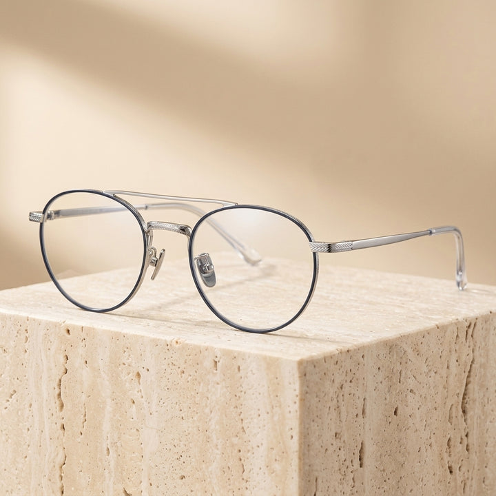Chashma Ottica Unisex Full Rim Round Double Bridge Titanium Eyeglasses 30205 - Silver-Blue