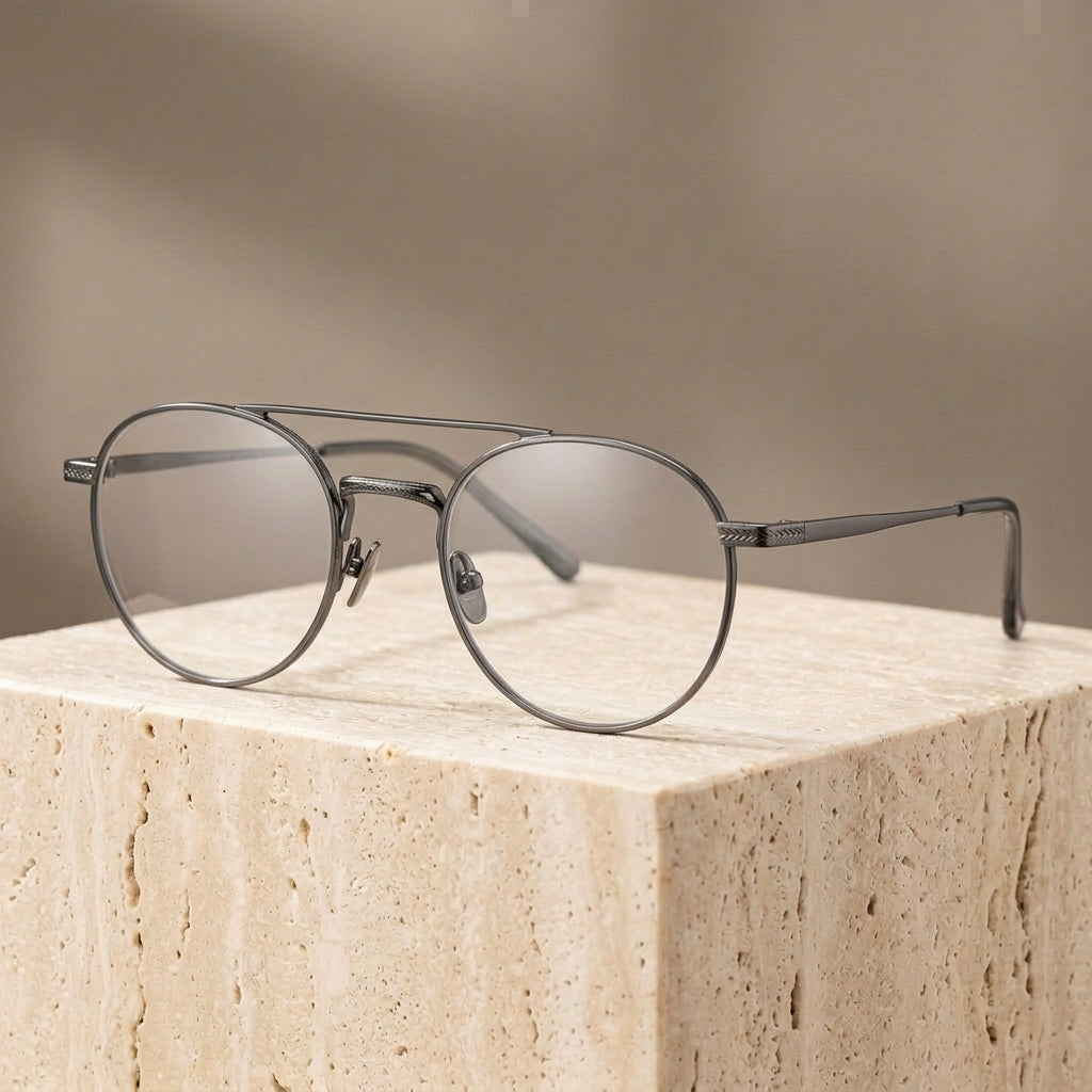 Chashma Ottica Unisex Full Rim Round Double Bridge Titanium Eyeglasses 30205 - Gun