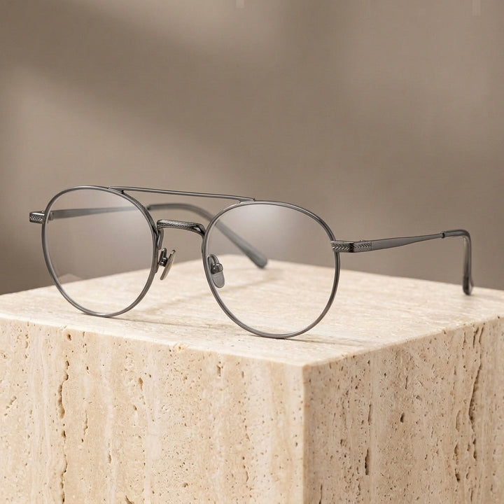 Chashma Ottica Unisex Full Rim Round Double Bridge Titanium Eyeglasses 30205 - Gun