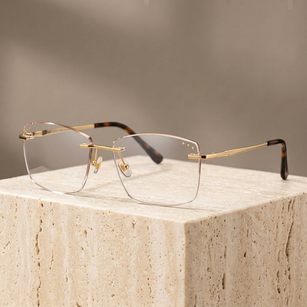 Chashma Ottica Men's Rimless Square Titanium Eyeglasses 85086 - Gold with Brown