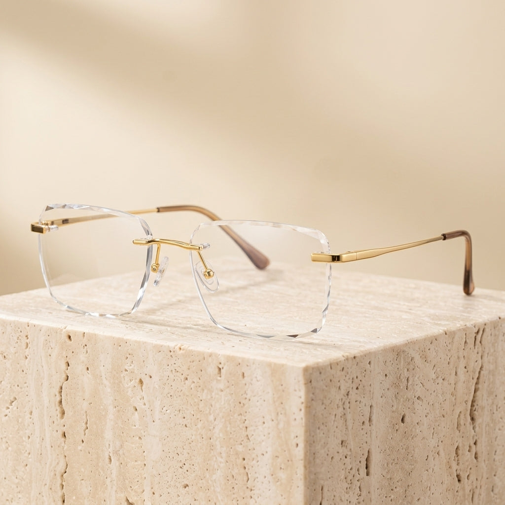 Chashma Ottica Men's Rimless Square Titanium Eyeglasses 24077 - Gold with Brown