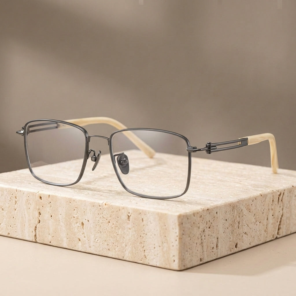 Chashma Ottica Men's Full Rim Big Polygon Titanium Horn Eyeglasses 401006 - Gray