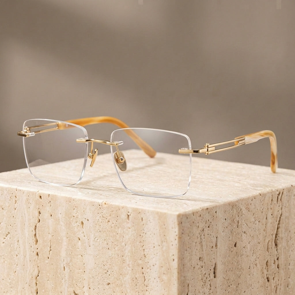 Chashma Ottica Men's Rimless Big Polygon Titanium Horn Eyeglasses 401001 - Gold