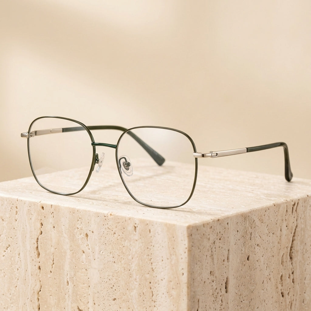 Chashma Ottica Unisex Full Rim Square Alloy Eyeglasses 441074 - Khaki-Green