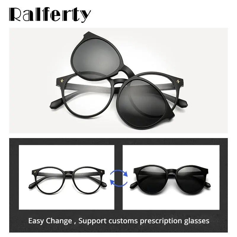 Ralferty Unisex Full Rim Round Polycarbonate Eyeglasses Clip On Sunglasses 2231 - Black