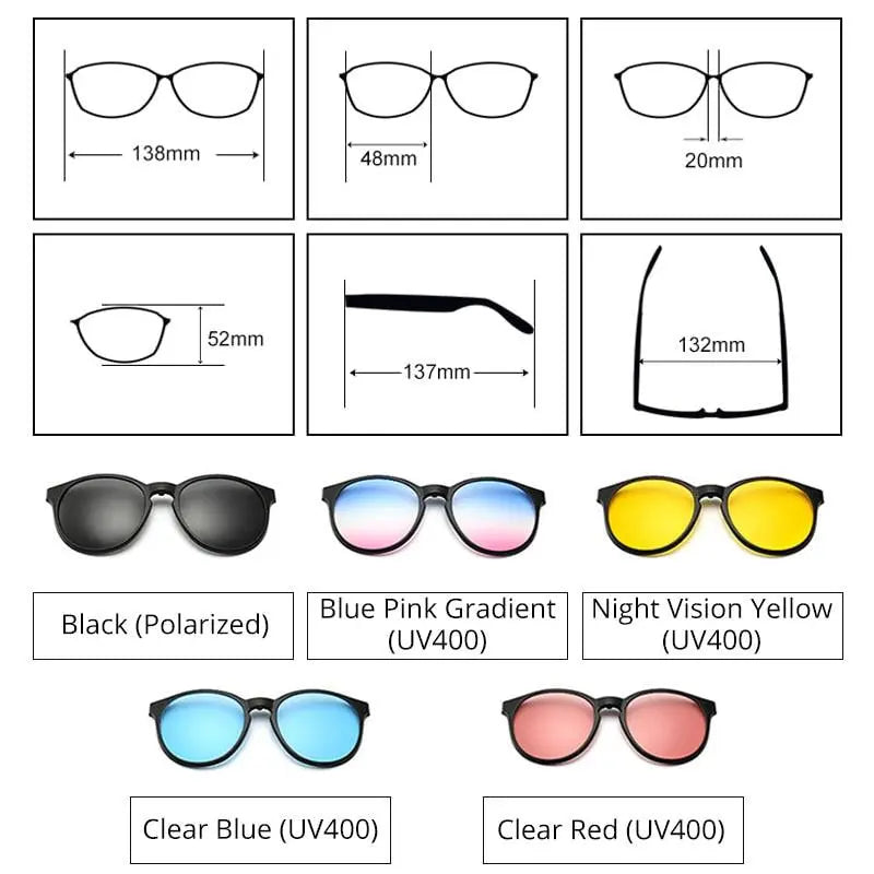 Ralferty Unisex Full Rim Round Polycarbonate Eyeglasses Clip On Sunglasses 2231 - Size Chart
