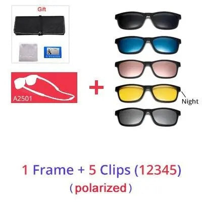 Ralferty Men's Full Rim Square Tr 90 Eyeglasses Clip On Sunglasses - 1 Frame 5 Clip 12345