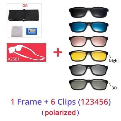 Ralferty Men's Full Rim Square Tr 90 Eyeglasses Clip On Sunglasses - 1Frame 6 Clip 123456