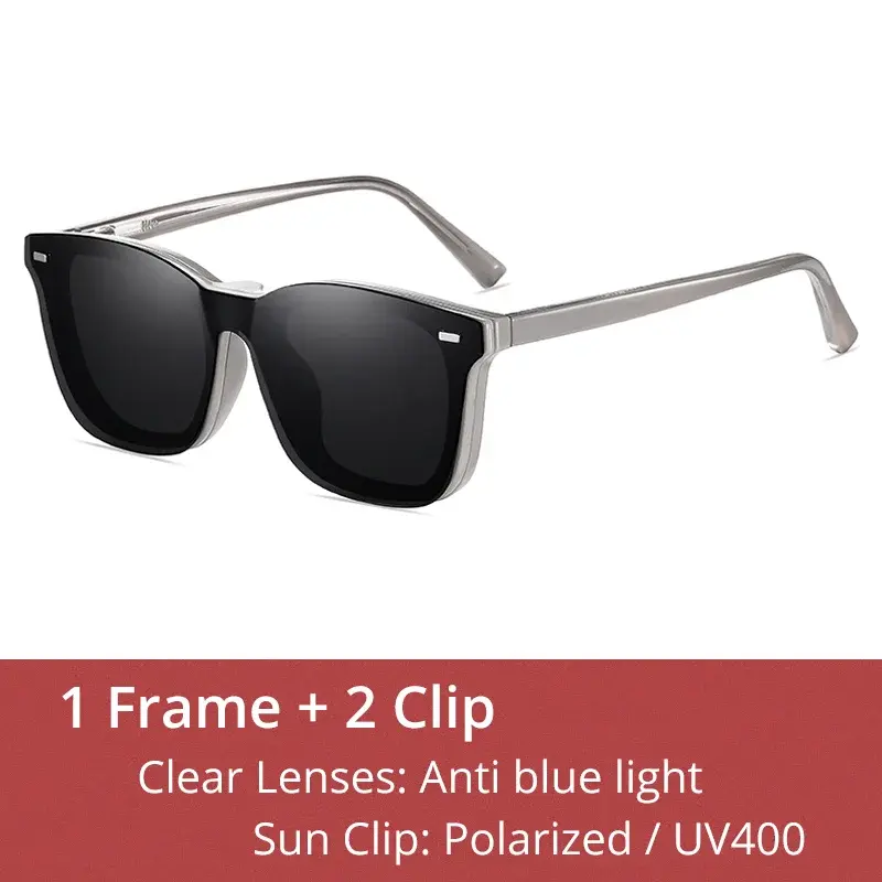 Ralferty Men's Full Rim Square Tr 90 Eyeglasses Clip On Sunglasses 97756 - C4 Gray