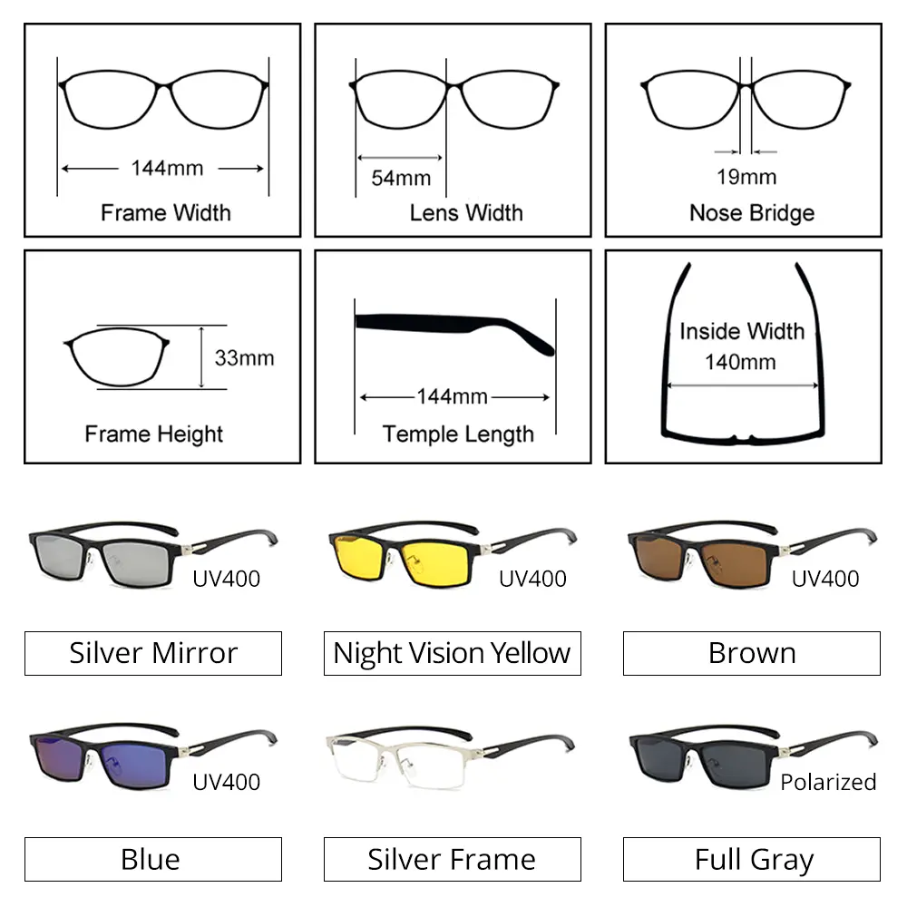 Ralftery Men's Semi Rim Rectangle Alloy Eyeglasses With Clip On Sunglasses Tr2347 - Size Chart