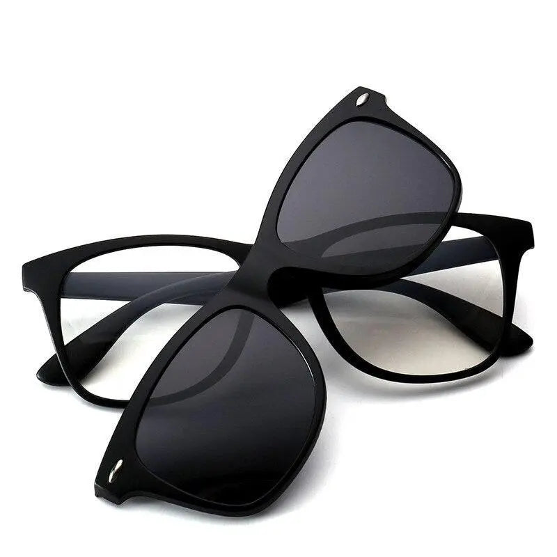Reven Jate Men's Full Rim Square Tr 90 Eyeglasses With Clip On Polarized Sunglasses 2208 - Black