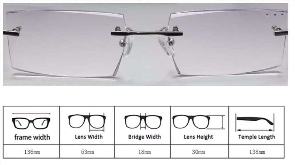 Reven Jate 58003 Pure Titanium Rimless Diamond Cutting Man Glasses Frame Eyeglasses (Gray) - Size Chart