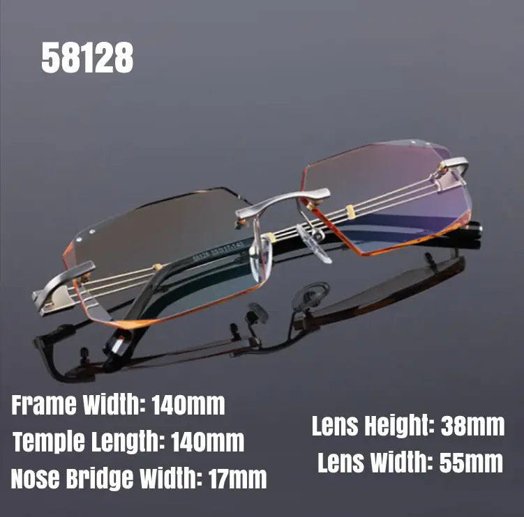 Reven Jate 58128 Pure Titanium Rimless Diamond Cutting Man Glasses Frame Eyeglasses (Silver) - Size Chart