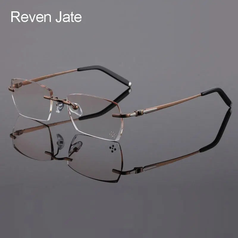 Reven Jate 611 Pure Titanium Rimless Diamond Cutting Glasses Frame Eyeglasses Men Brown - Brown