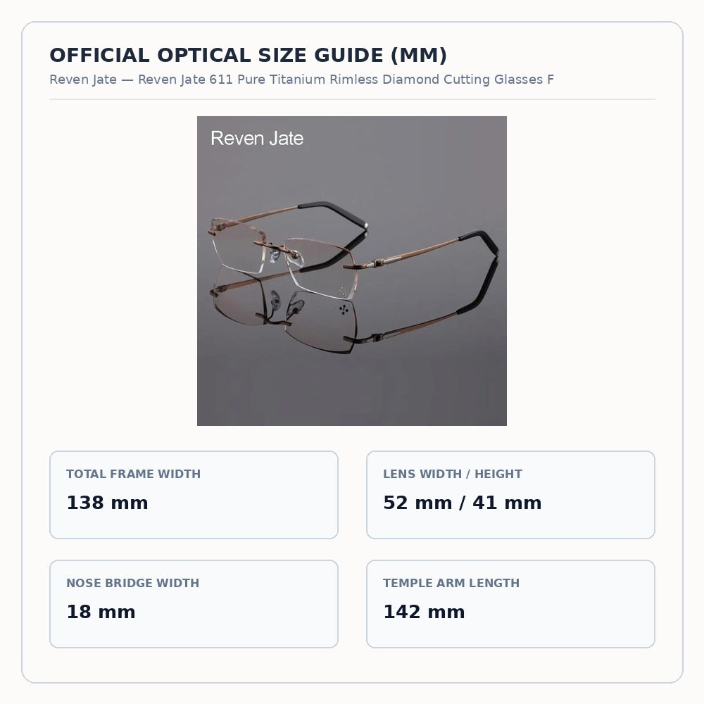 Reven Jate 611 Pure Titanium Rimless Diamond Cutting Glasses Frame Eyeglasses Men Brown - Size Chart