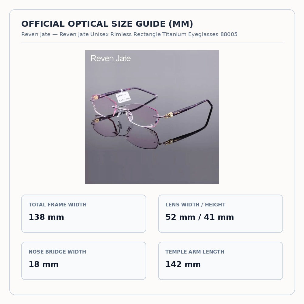 Reven Jate Unisex Rimless Rectangle Titanium Eyeglasses 88005 - Size Chart