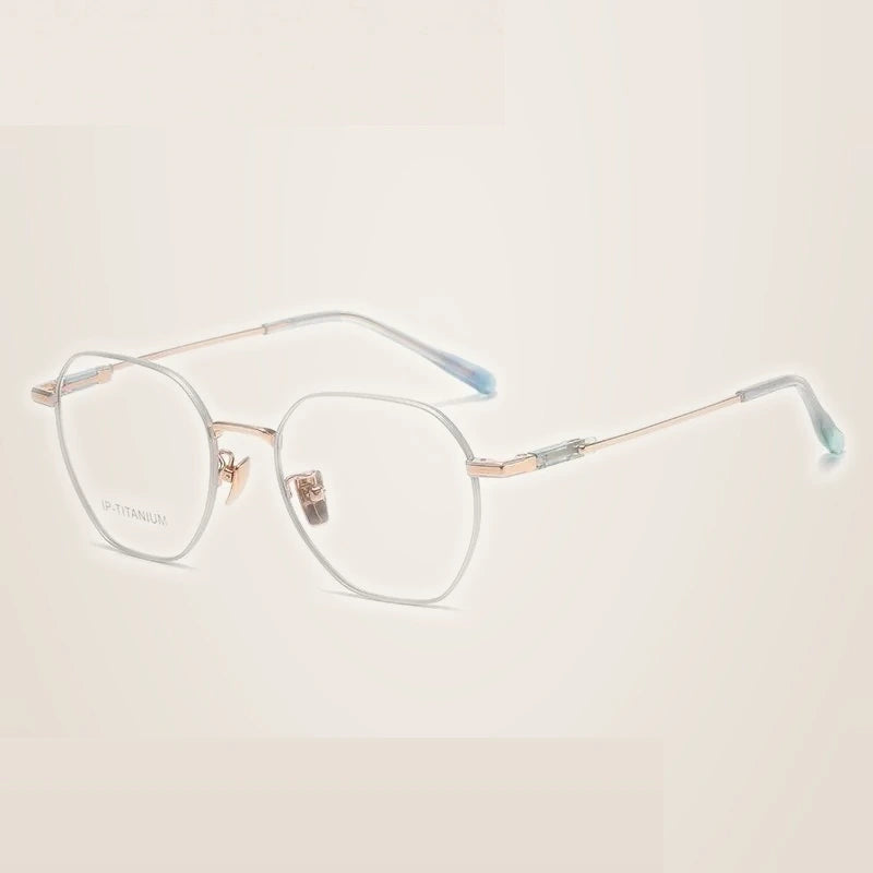 Summer Flower Unisex Full Rim Flat Top Polygon Titanium Eyeglasses 61010 - Green Rose Gold