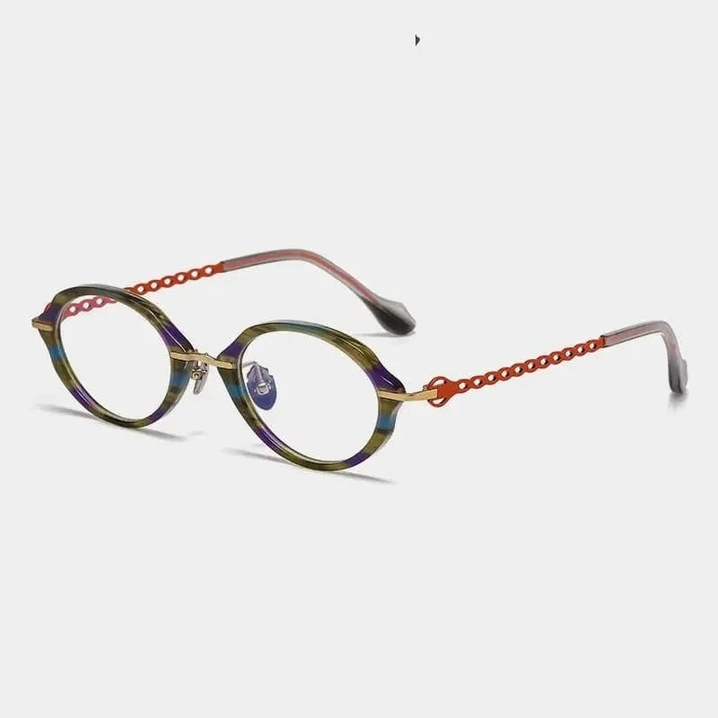 Summer Flower Unisex Full Rim Oval Acetate Titanium Eyeglasses 66073 - Tricolor Gold