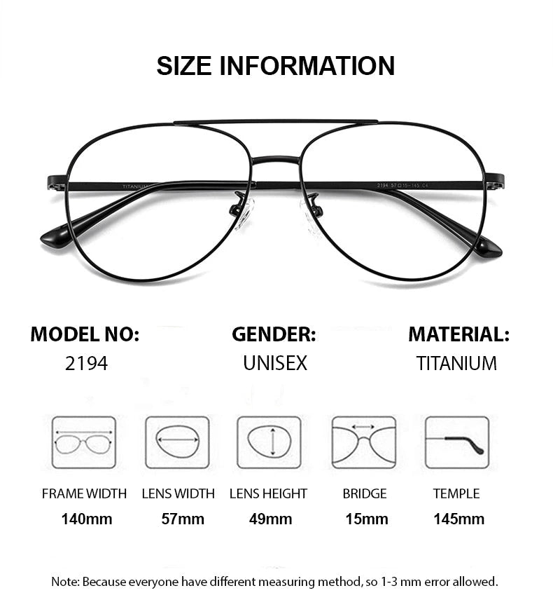 Summer Flower Unisex Full Rim Oval Double Bridge Titanium Eyeglasses 612194 - Size Chart