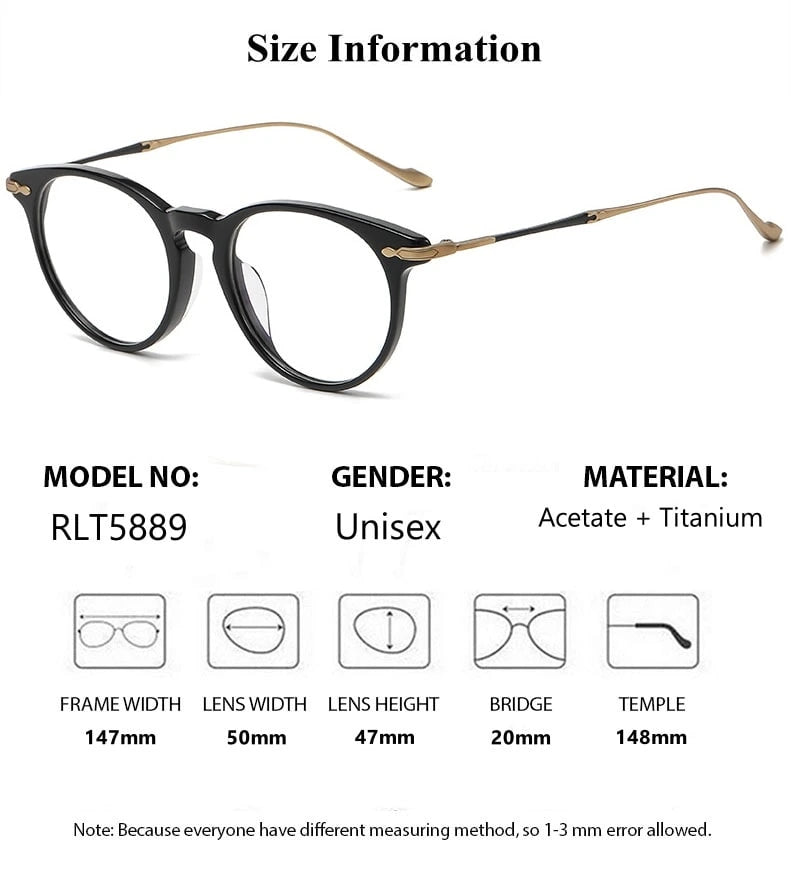 Summer Flower Unisex Full Rim Round Acetate Titanium Eyeglasses 615589 - Size Chart