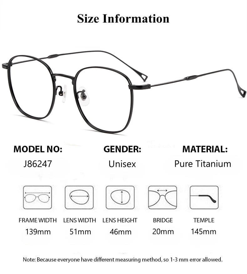 Summer Flower Unisex Full Rim Square Titanium Eyeglasses 686247 - Size Chart