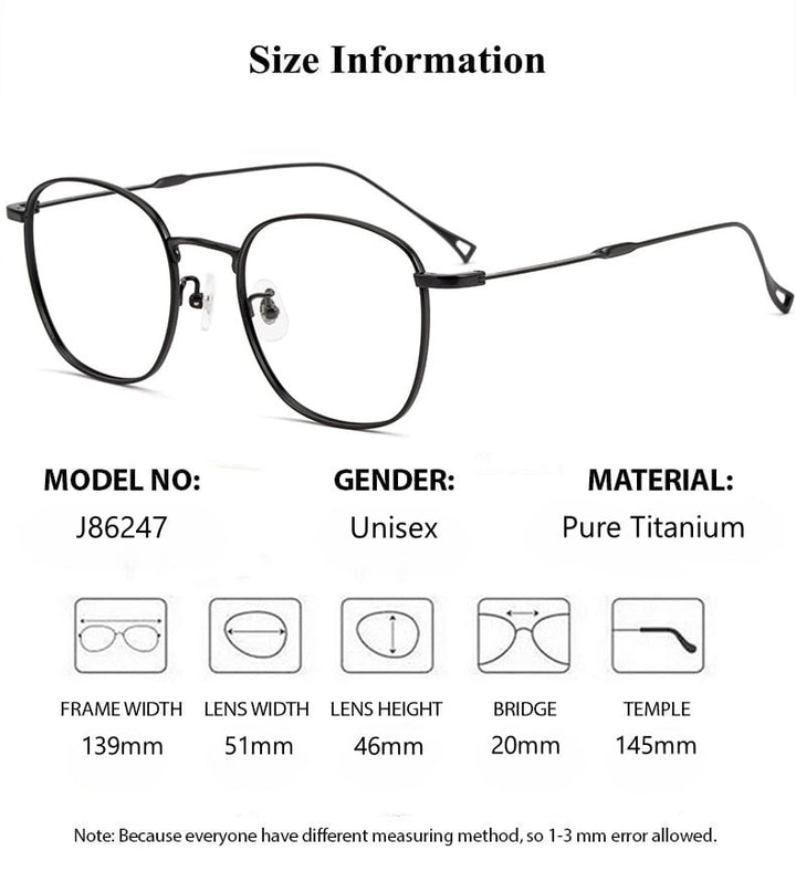 Summer Flower Unisex Full Rim Square Titanium Eyeglasses 686247 - Size Chart