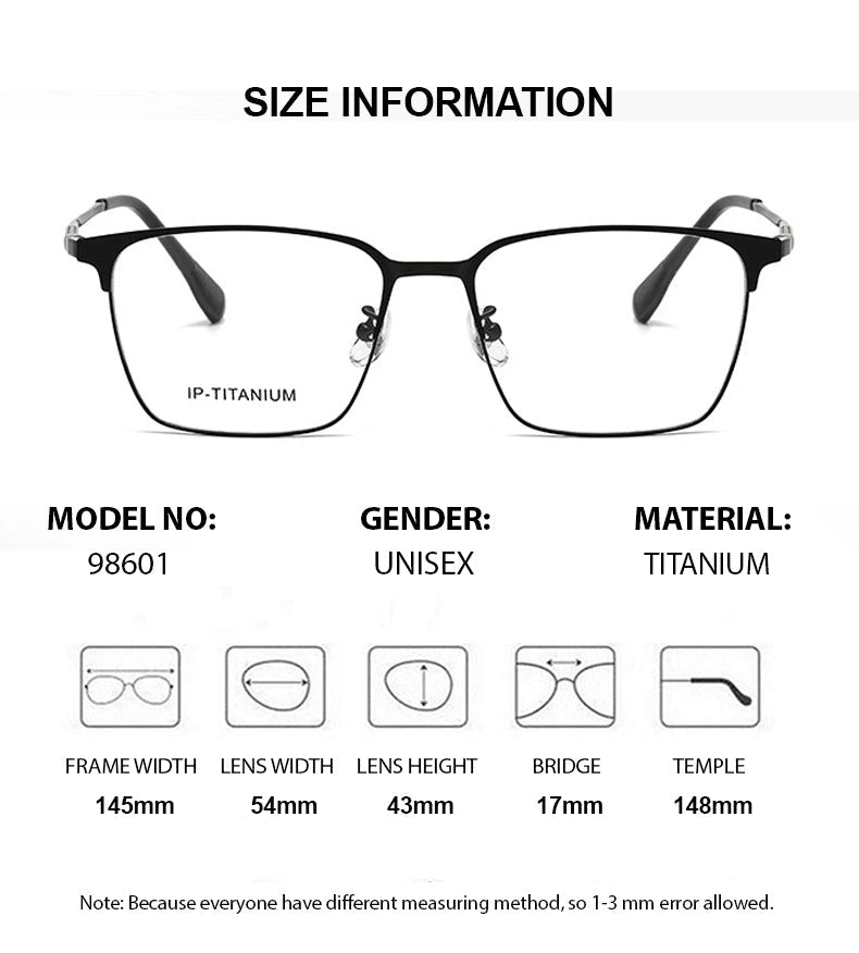 Summer Flower Unisex Full Rim Square Titanium Acetate Eyeglasses 98601 - Size Chart