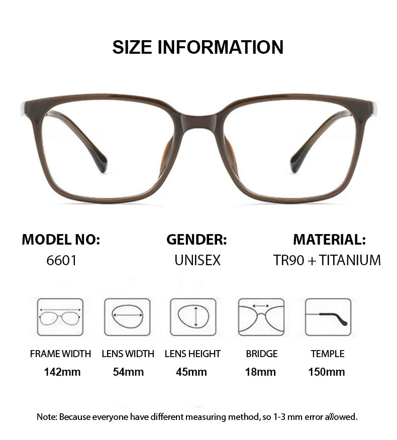 Summer Flower Unisex Full Rim Square Tr 90 Titanium Eyeglasses 66014 - Size Chart