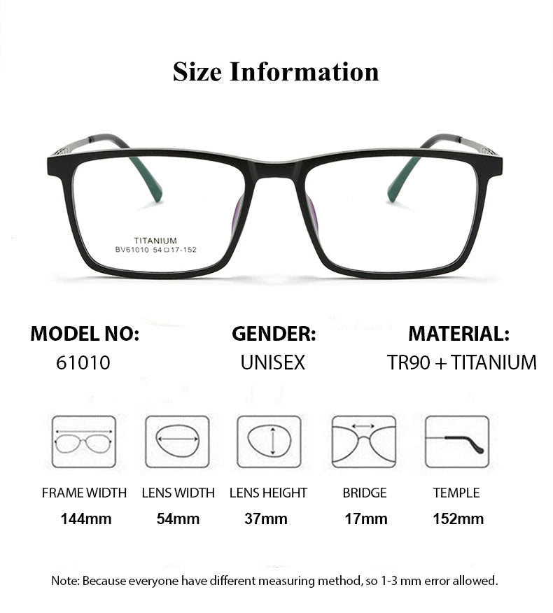 Summer Flower Unisex Full Rim Square Tr 90 Titanium Eyeglasses 610106 - Size Chart