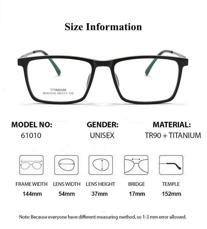 Summer Flower Unisex Full Rim Square Tr 90 Titanium Eyeglasses 610106 - Size Chart