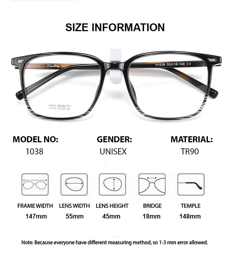 Summer Flower Unisex Full Rim Square Tr 90 Titanium Eyeglasses 611038 - Size Chart