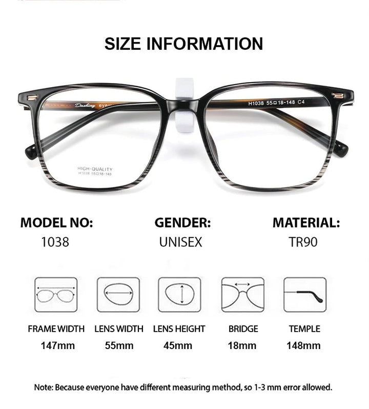Summer Flower Unisex Full Rim Square Tr 90 Titanium Eyeglasses 611038 - Size Chart