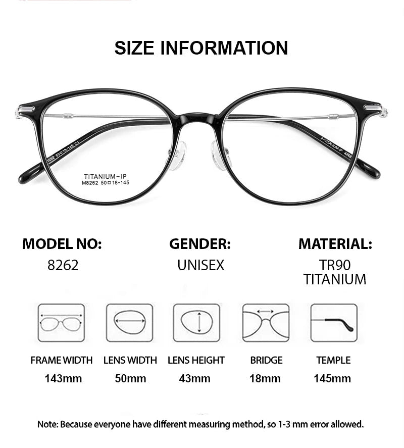 Summer Flower Unisex Full Rim Square Tr 90 Titanium Eyeglasses 618262 - Size Chart