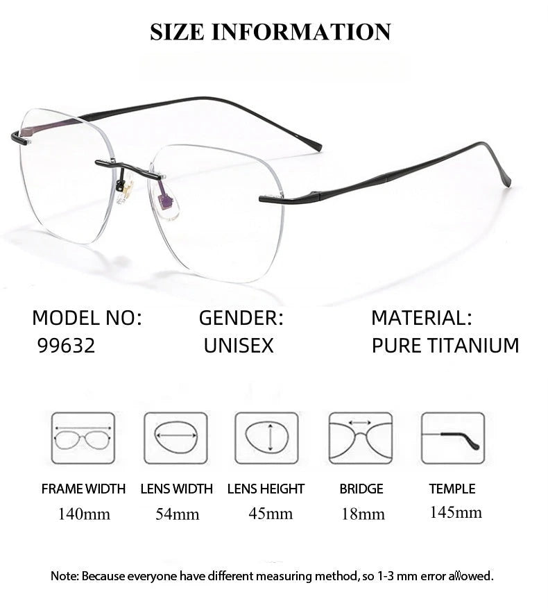 Summer Flower Unisex Rimless Polygon Square Steel Eyeglasses 699632 - Size Chart