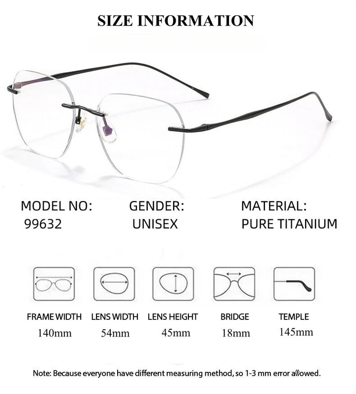 Summer Flower Unisex Rimless Polygon Square Steel Eyeglasses 699632 - Size Chart