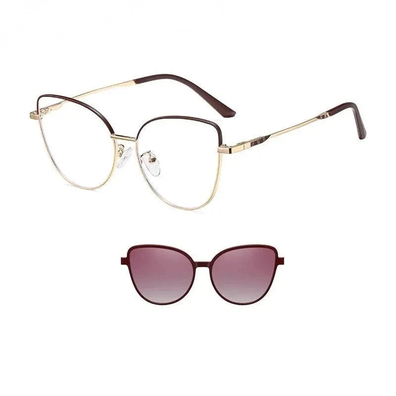 Summer Flower Women's Full Rim Cat Eye Steel Eyeglasses Clip On Sunglasses 617102 - Date Red-Purple