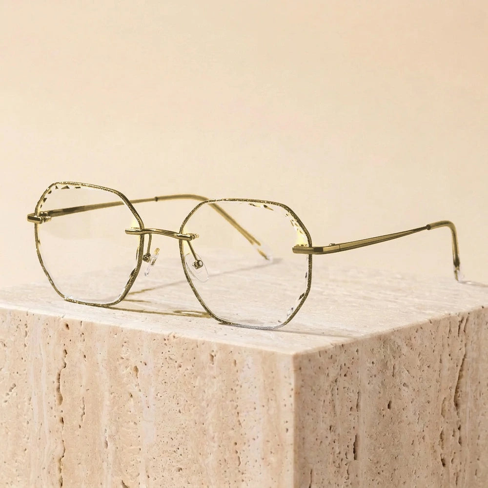 Summer Flower Women's Rimless Polygon Titanium Eyeglasses 89254 - Gold Glitter Edge