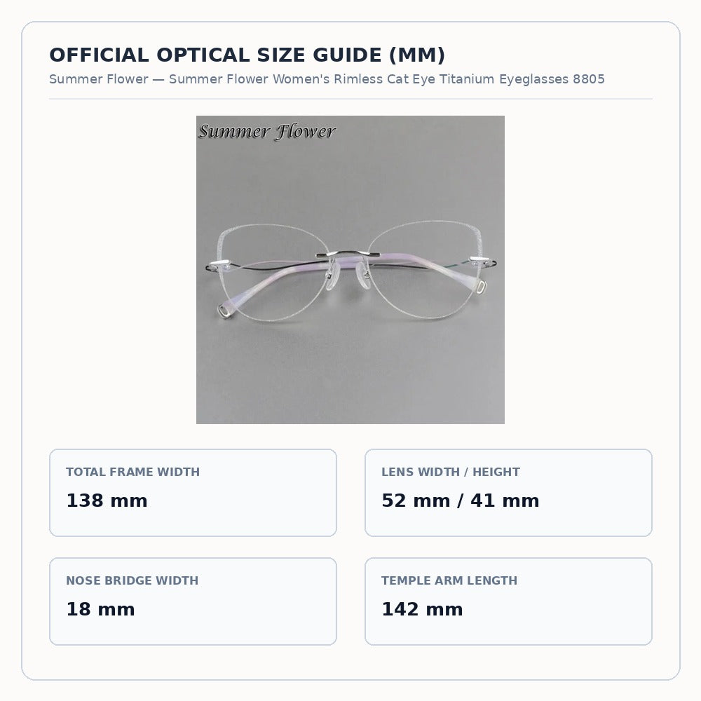 Summer Flower Women's Rimless Cat Eye Titanium Eyeglasses 88057 - Size Chart