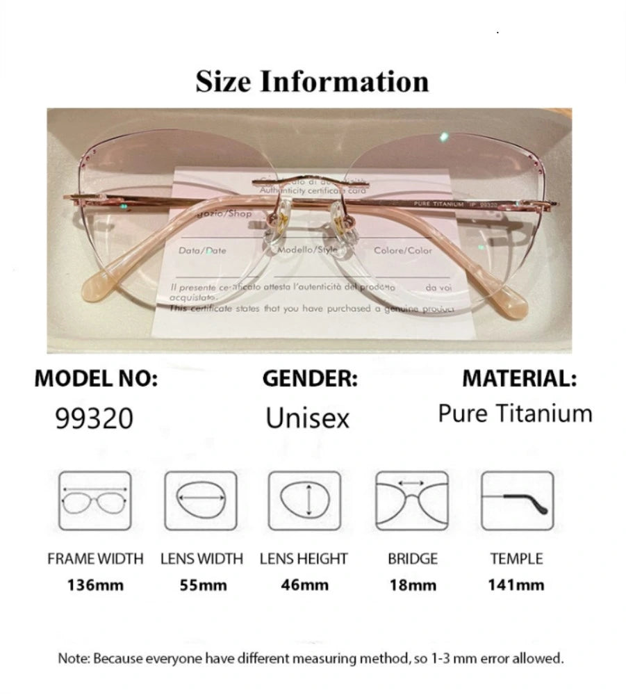 Summer Flower Women's Rimless Oval Cat Eye Titanium Eyeglasses 88057 - Size Chart