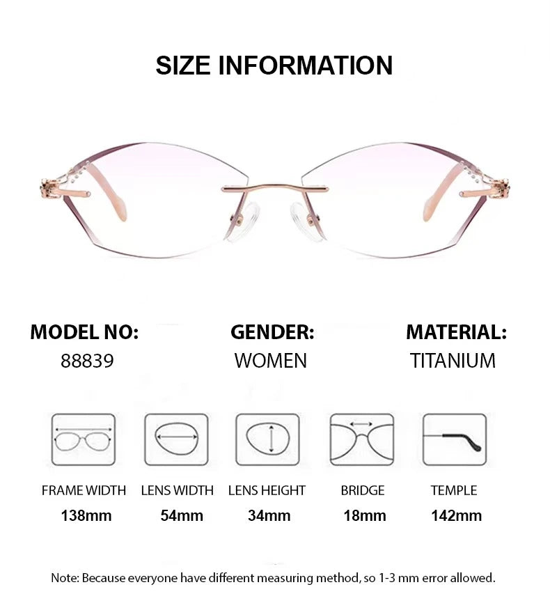 Summer Flower Women's Rimless Oval Cat Eye Titanium Eyeglasses 88839 - Size Chart