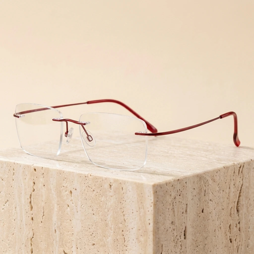 Bclear 763 Unisex Rimless Memory Titanium Eyeglasses - Red