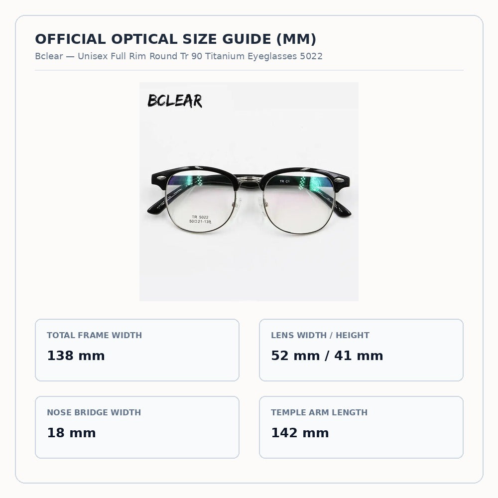 Unisex Full Rim Round Tr 90 Titanium Eyeglasses 5022 - Size Chart