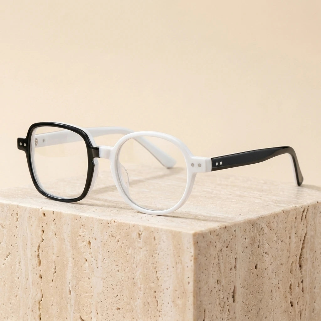 Cubojue T22007 Asymmetric One Round One Square Eyeglasses - Black White