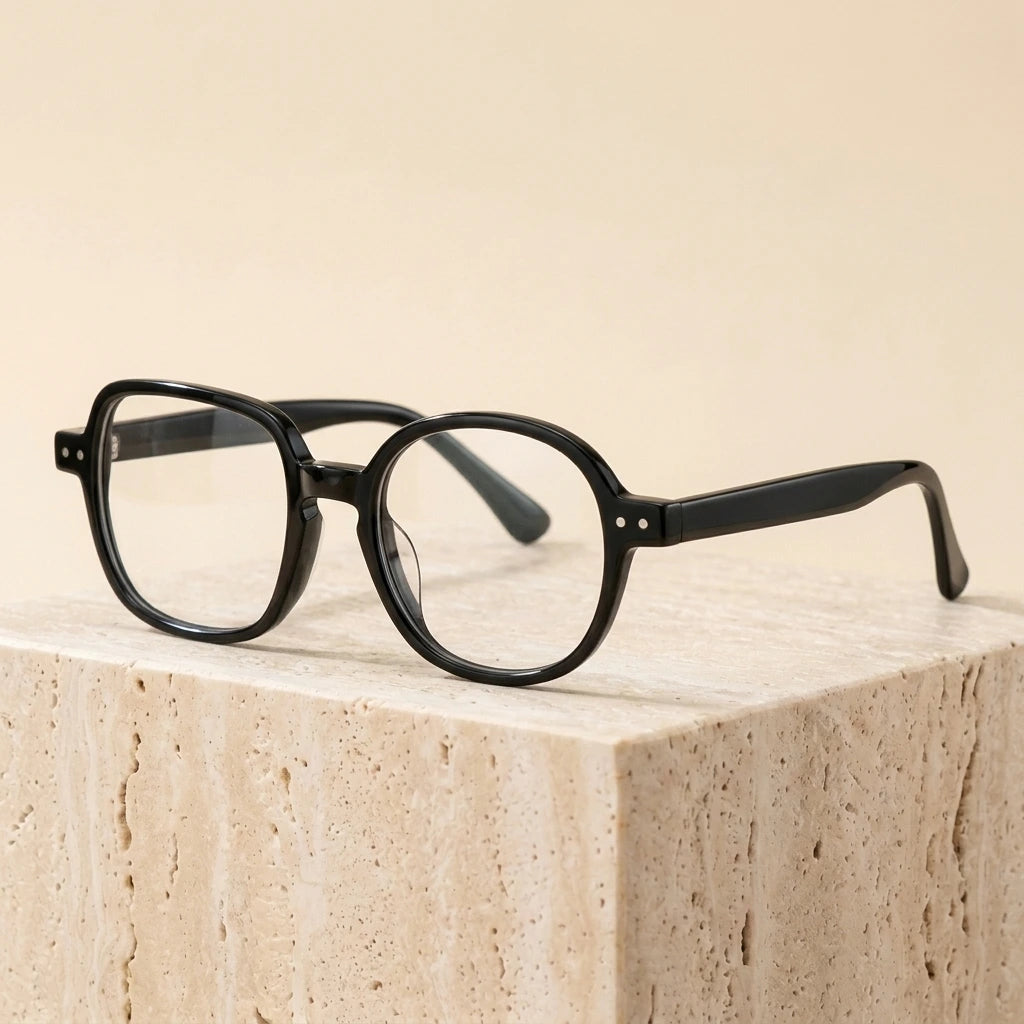 Cubojue T22007 Asymmetric One Round One Square Eyeglasses - Shiny Black