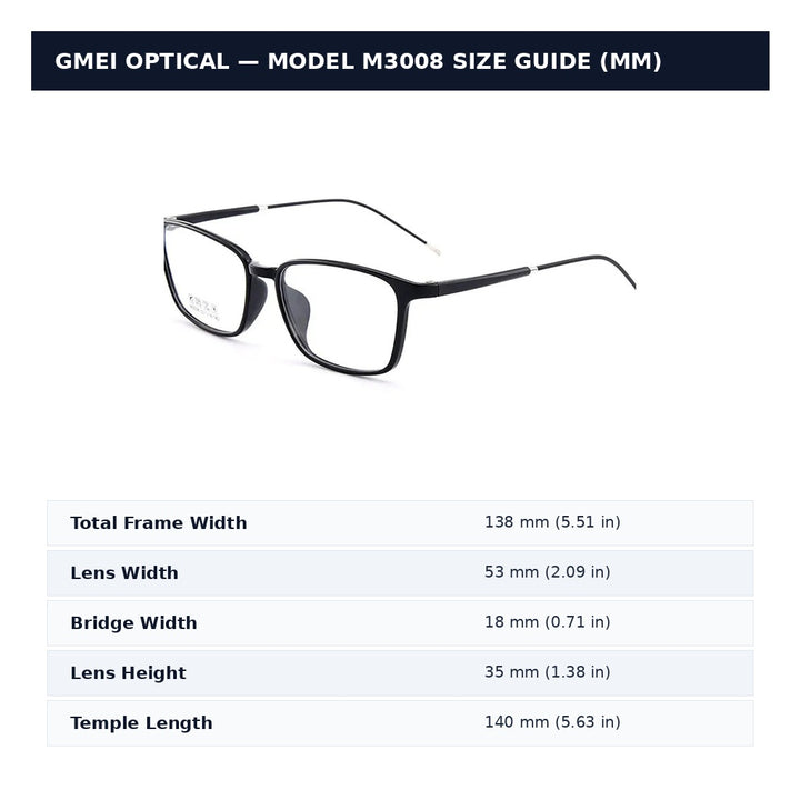 Gmei Optical M3008 Eyeglasses — Frame Dimensions and Sizing Chart