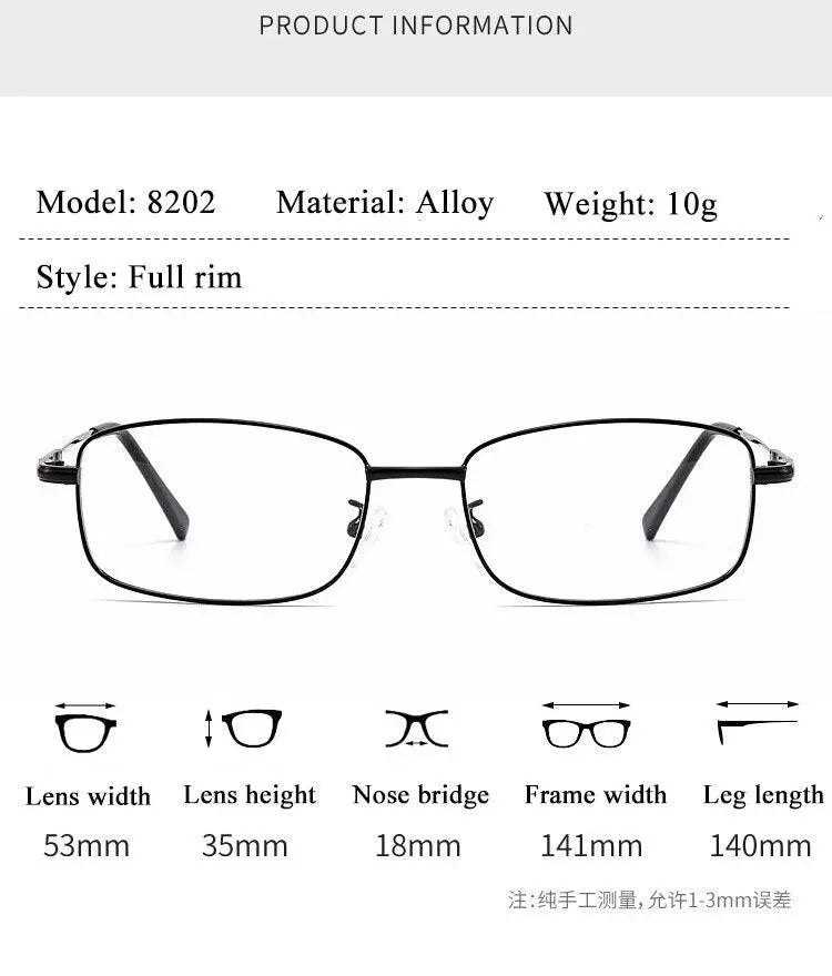 Unisex Full Rim Memory Alloy Frame Eyeglasses S8202 - Size Guide