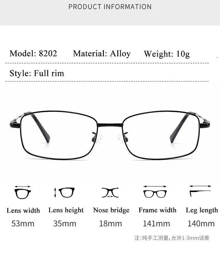 Unisex Full Rim Memory Alloy Frame Eyeglasses S8202 - Size Guide