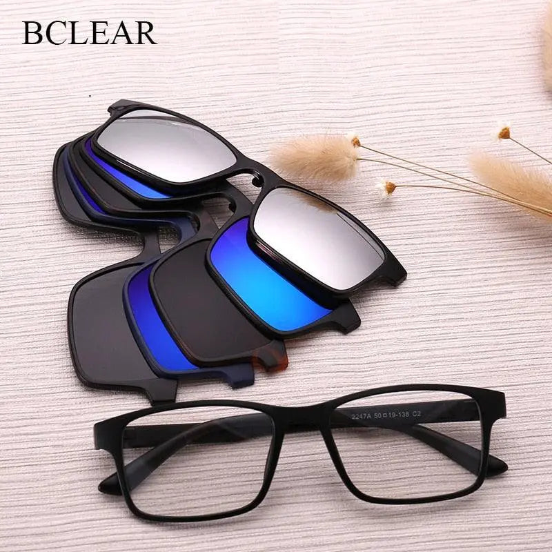 Unisex Full Rim TR90 Frame Eyeglasses With 5 Clip On Polarized Sunglasses - Black