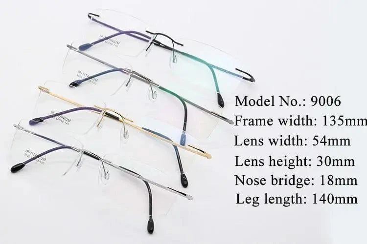 Unisex Rimless Titanium Frame Eyeglasses Customizable Lenses 9006 - Size Chart